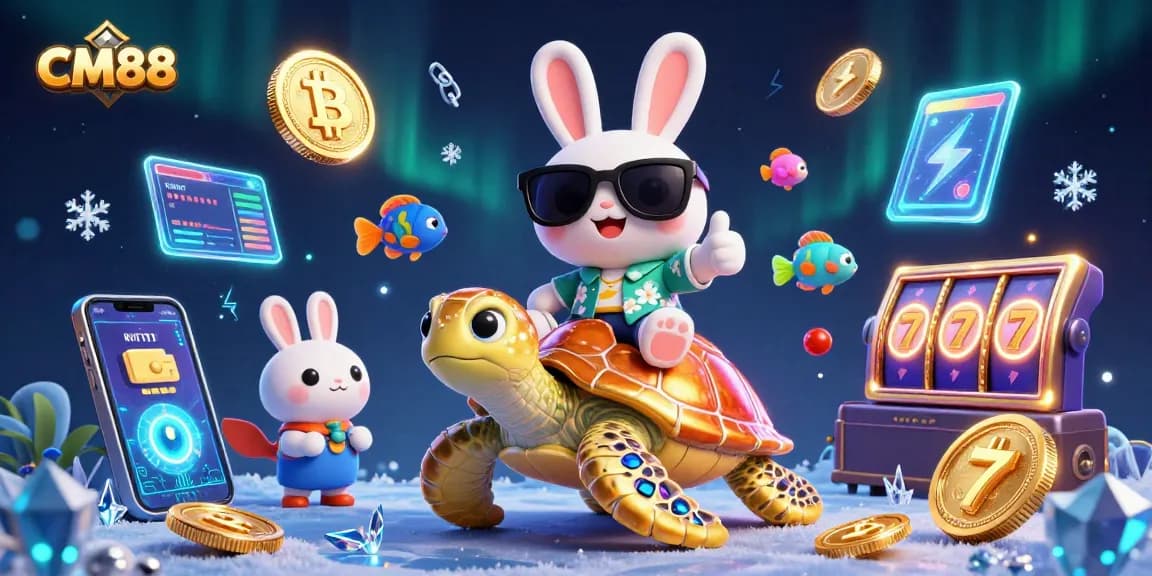 Experience thrilling play with CM88 featuring lucky rabbit and golden sea turtle in vibrant casino scene.