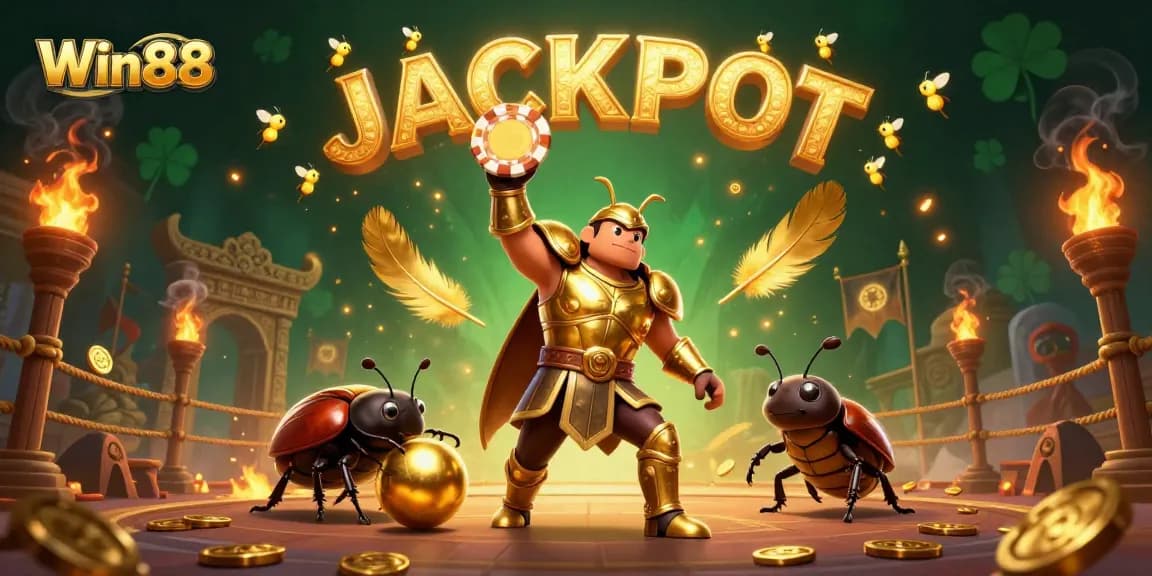 Win88 celebrates a big jackpot with a victorious beetle duo amidst a vibrant casino scene.
