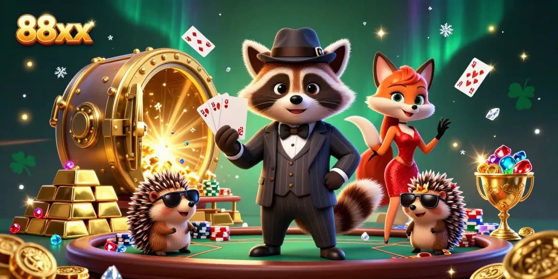 Experience 88xx gaming excitement with suave characters and vibrant casino elements.