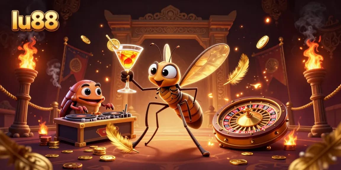 Experience thrilling gameplay at LU88 with a 3D mosquito mascot and casino elements in a vibrant scene.