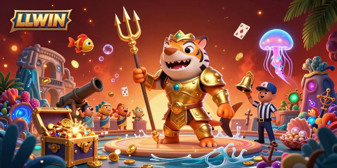 Engage with exciting gameplay at LLWIN featuring dynamic underwater casino action with a tiger shark and vibrant treasures.