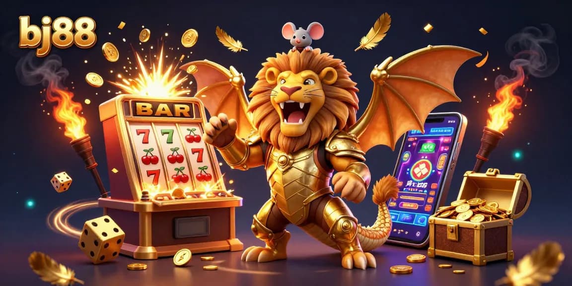 Experience the excitement of bj88 with a vibrant casino scene featuring a roaring chimera and a jackpot explosion.