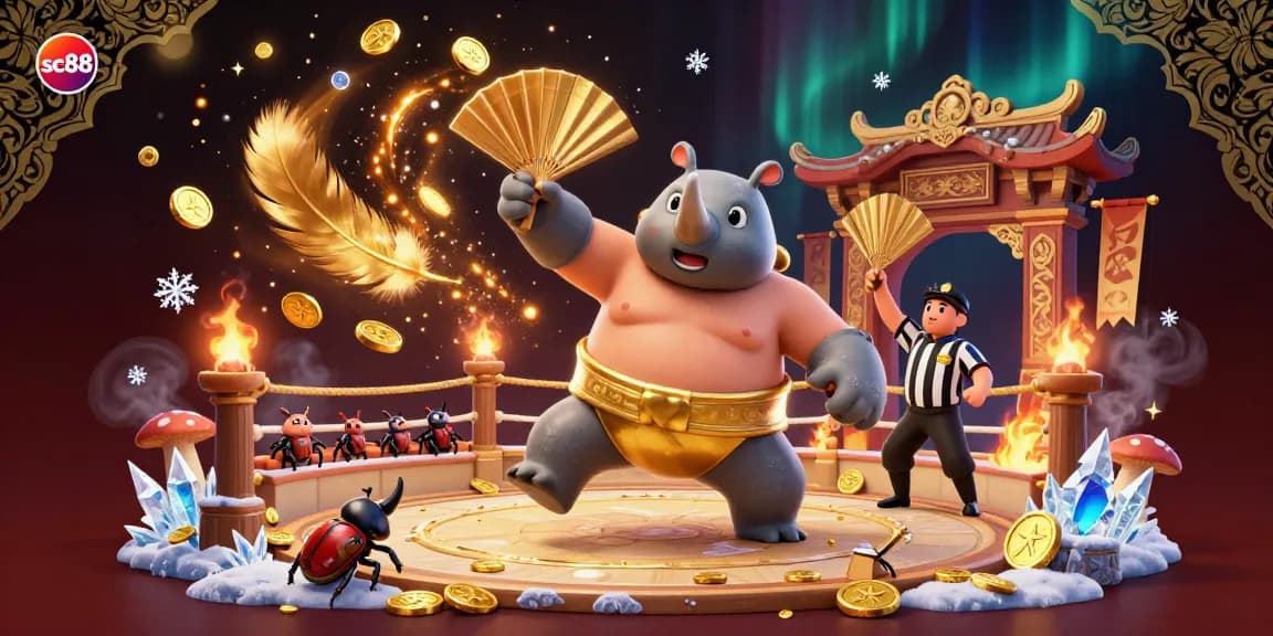 Engage with vibrant sc88 betting action featuring a sumo beetle champion on a golden arena.