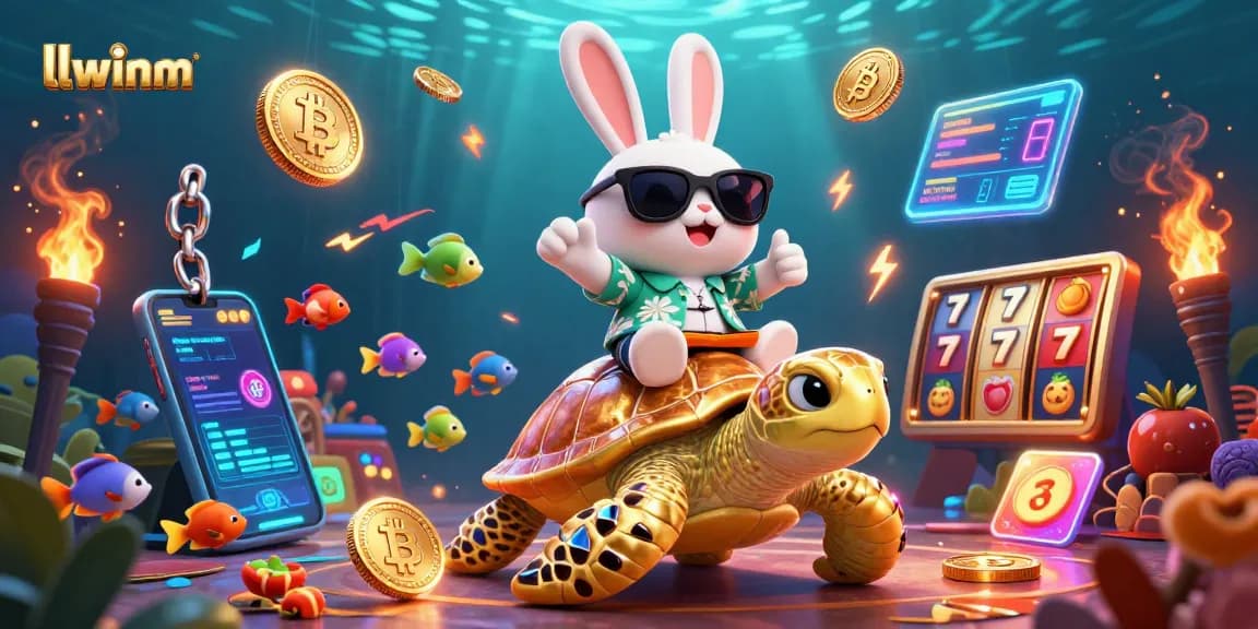 llwinm showcases a lively casino scene featuring a lucky rabbit, turtle, Bitcoin, and glowing slot elements.