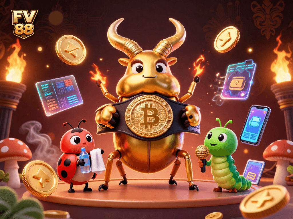 FV 88's immersive casino scene shows a golden stag beetle boxing with vibrant crypto elements.