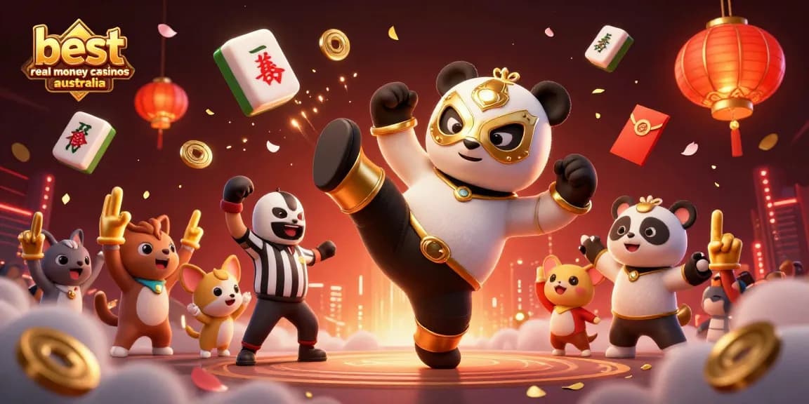 Engaging illustration showcasing the best real money casinos Australia with a panda wrestler and festive elements.