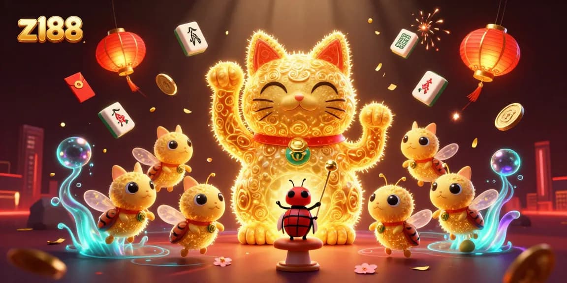 Catch the excitement of z188 with a vibrant, ultra-detailed scene of a lucky cat surrounded by casino symbols.