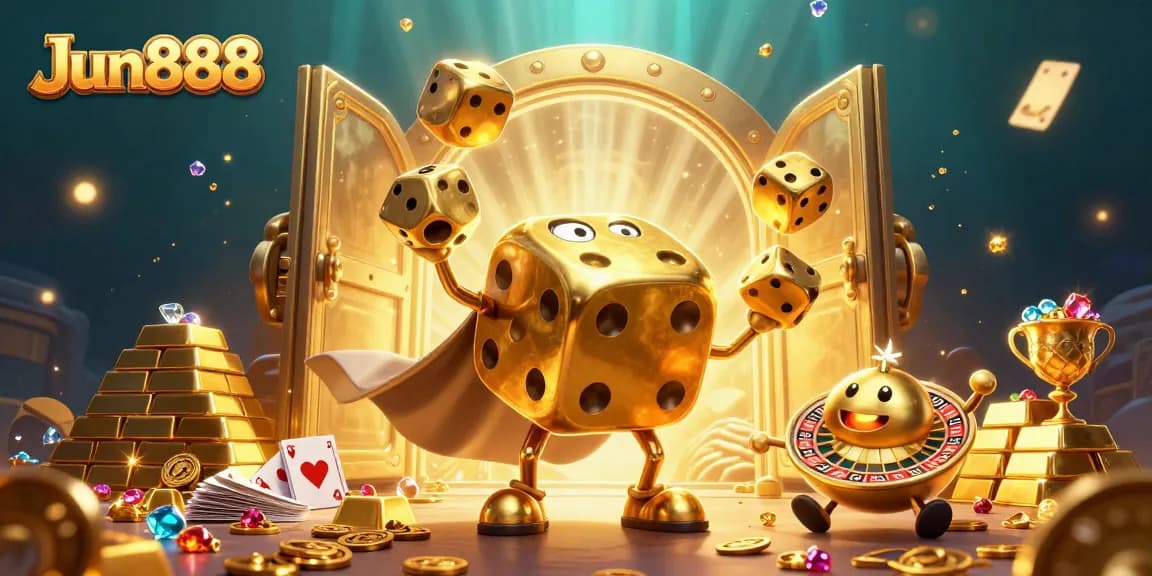 Experience the excitement of Jun888 with vibrant 3D characters surrounded by treasure and casino elements.