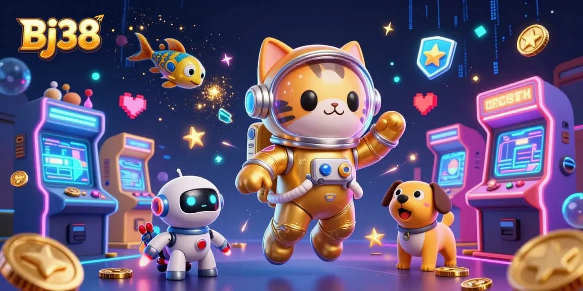 Bj38 showcases thrilling gaming action with a futuristic space theme featuring an astronaut cat and robot dog.