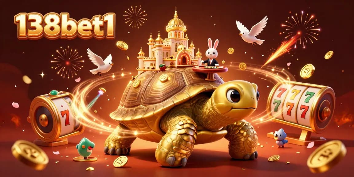 Experience the excitement of 138bet1 with a vibrant casino scene featuring a golden tortoise, rabbit dealer, and dynamic game elements.