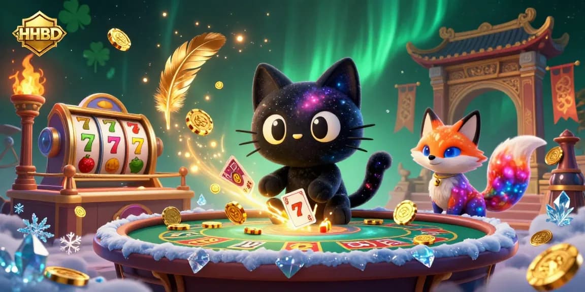 HHBD casino scene featuring a black hole cat and a nebula fox amidst golden chips and slots.