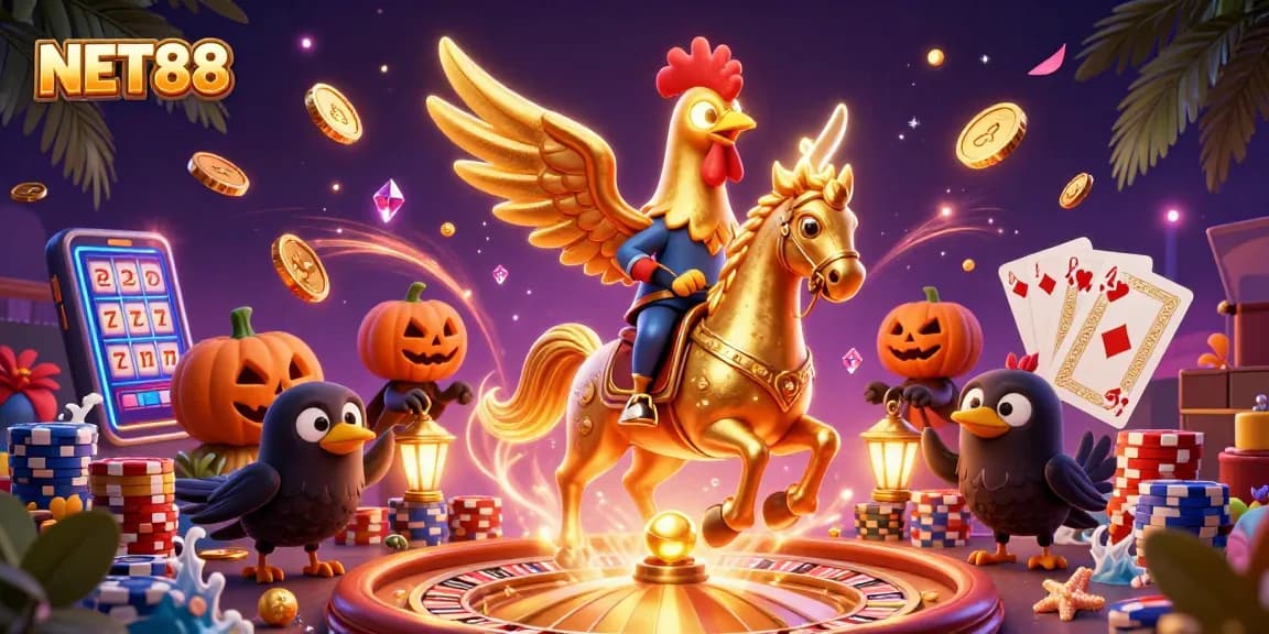 Experience NET88's dynamic casino atmosphere with a golden rooster and joyful chaos of gaming elements.