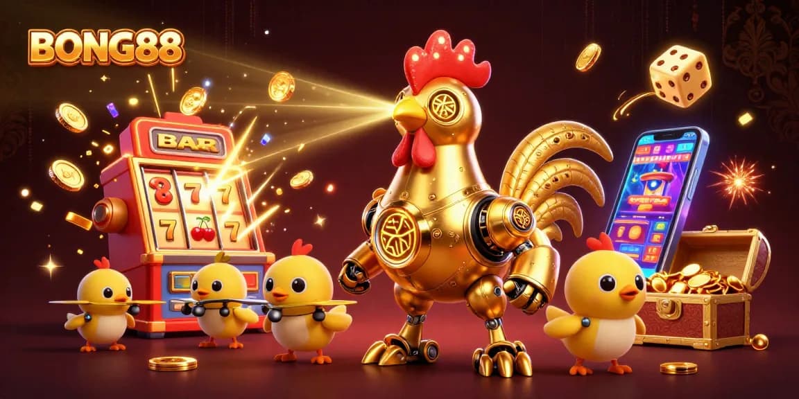 BONG88 showcases a vibrant and dynamic casino world with a golden rooster robot and jackpot themes.