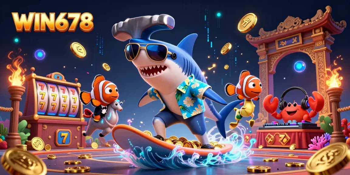 Surf the waves of gold coins with WIN678, as a shark, clownfish, and crab celebrate a vibrant casino atmosphere.