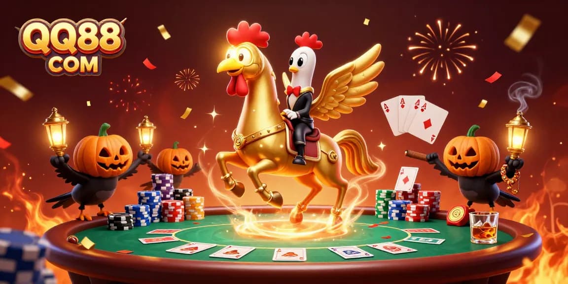 Experience thrilling casino action at QQ88 COM with a 3D golden rooster riding through a vibrant gaming scene.