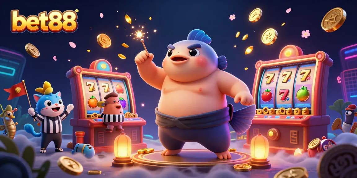 Experience exciting slot games with bet88 in a vibrant underwater casino illustration featuring a fugu character.