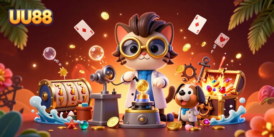 Experience thrilling gaming action with UU88's vibrant casino-themed illustration of a mad scientist cat