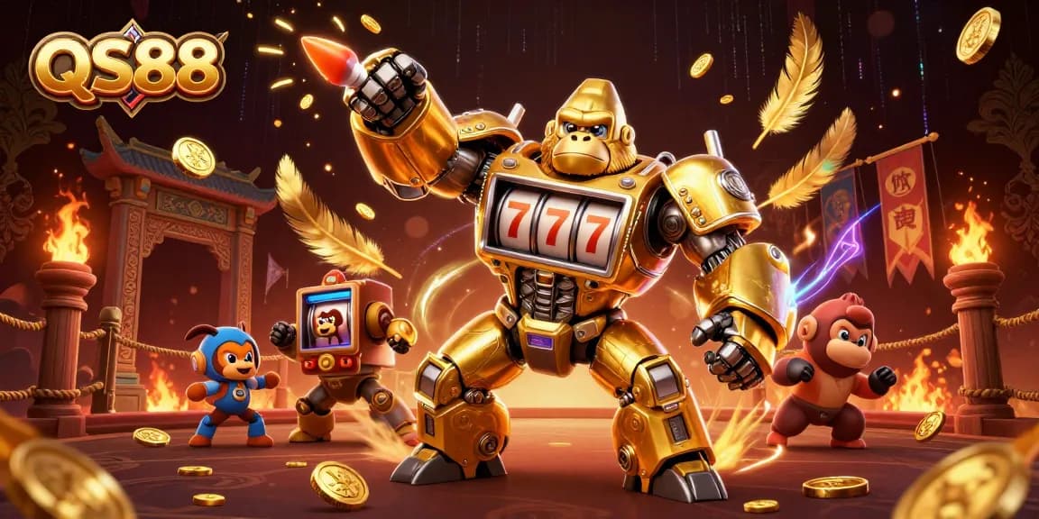 Engage in thrilling gameplay at QS88 with dynamic 3D action featuring a golden gorilla mech and casino elements.