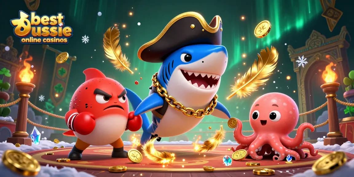 Engage with the best Aussie online casinos featuring a cartoon shark, pufferfish, and octopus in dynamic casino action.