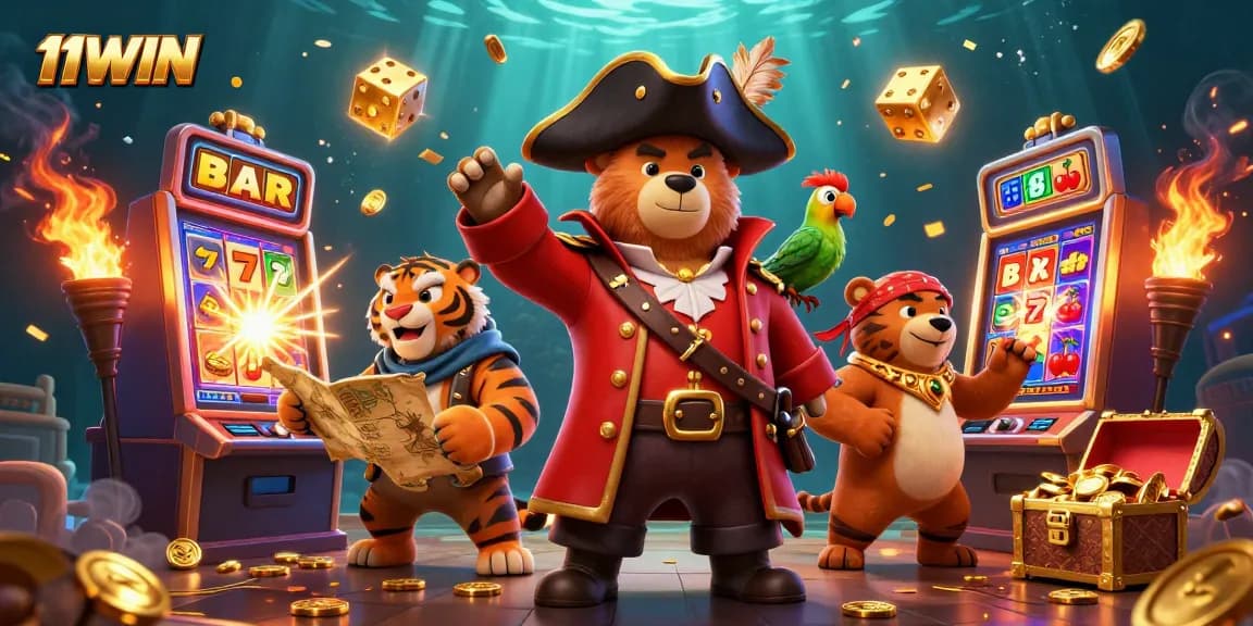 Engage with thrilling 11WIN adventures in this pirate-themed casino scene with vibrant slots!