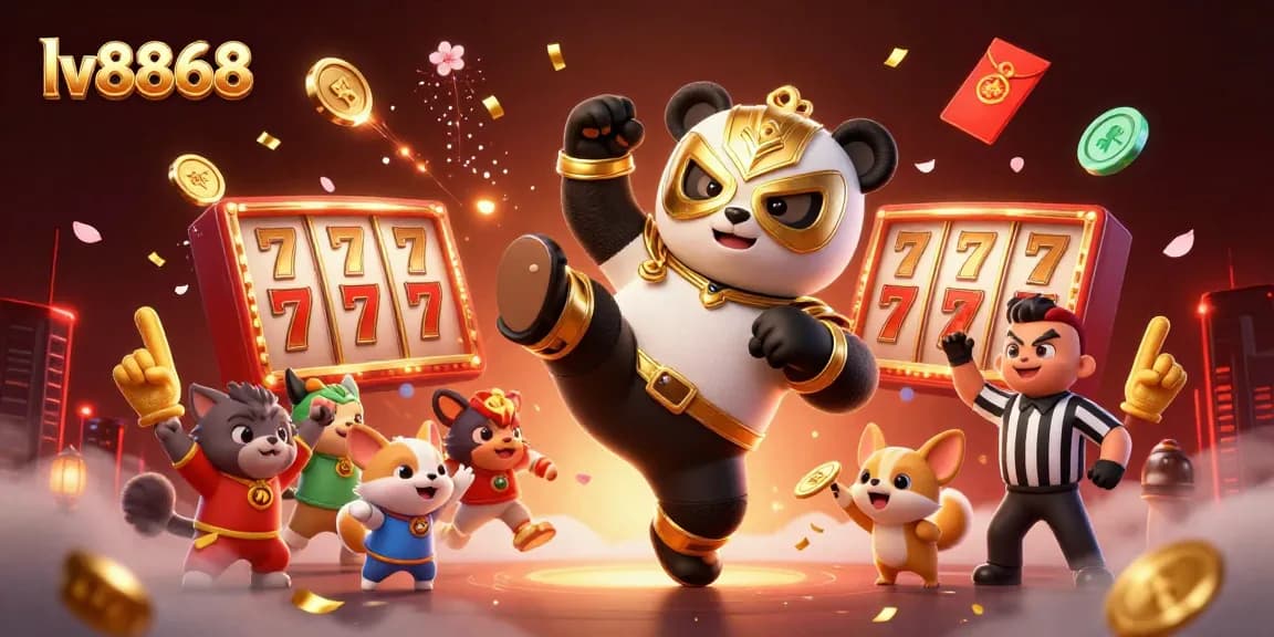 Capture the excitement of lv8868 as a panda wrestler performs a dynamic kick amidst vibrant casino elements.