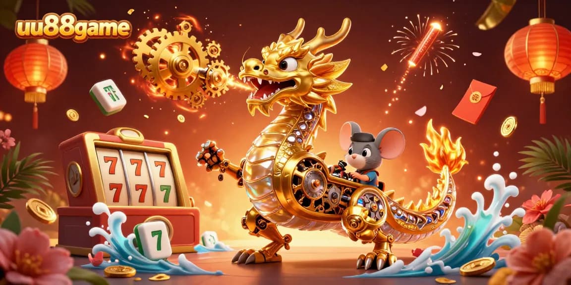 Experience gaming excitement with uu88game's vibrant casino scene featuring a golden dragon and rich decorations.
