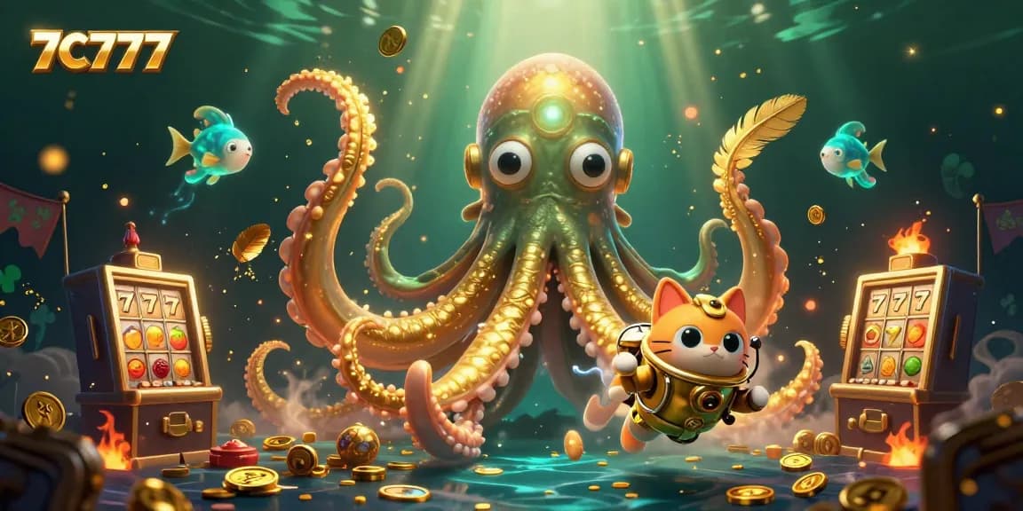 Engage with 7C777 through thrilling slot games featuring a kraken, diving cat, and vibrant treasures.