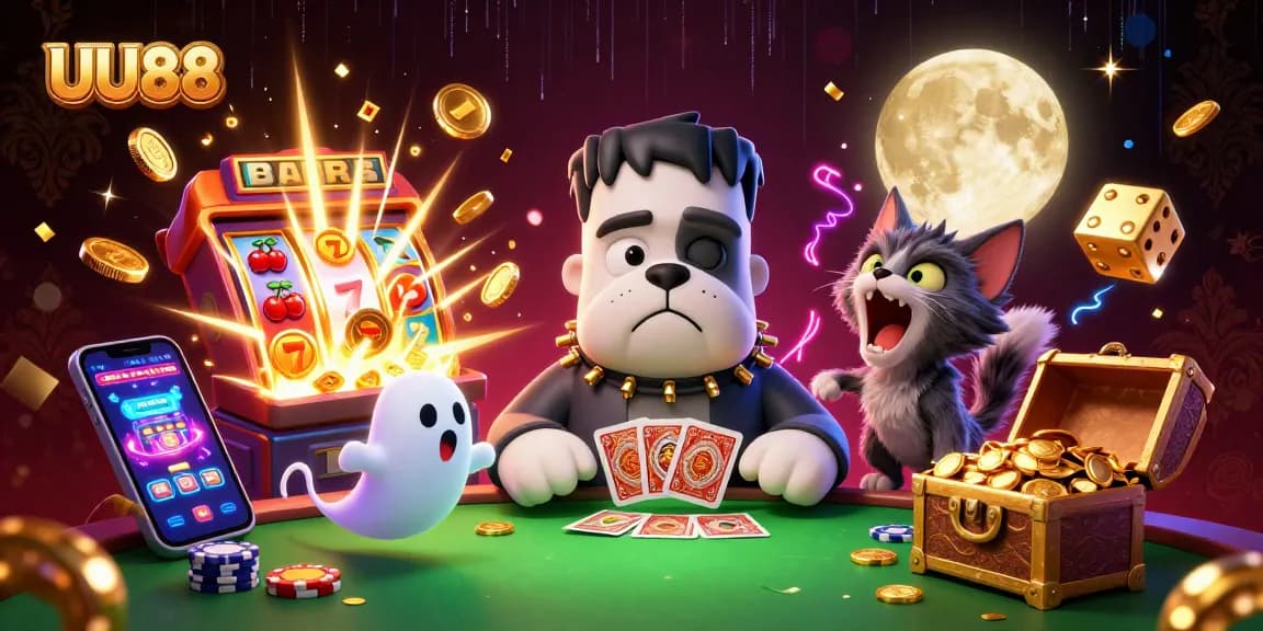 UU88 invites players to unlock jackpots as a Frankenstein bulldog deals cards at a haunted casino.