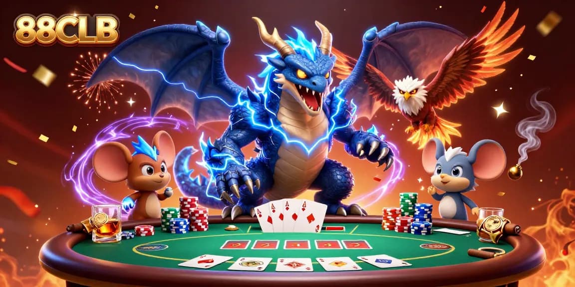Engage in thrilling poker action at 88CLB with a dynamic scene of vibrant characters and casino elements.