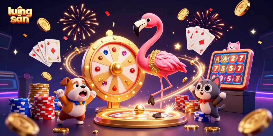 Play and win big with lương sơn at this lively game show featuring a flamingo, bulldog, and sparkling prizes.