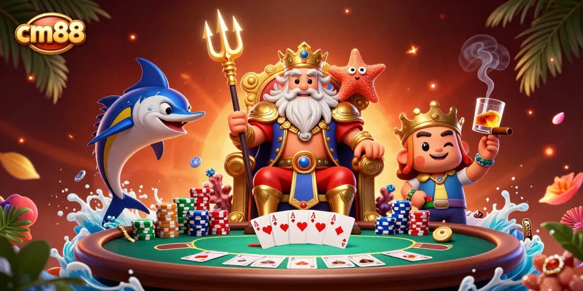 Experience the vibrant cm88 casino world with Neptune and poker elements in this dynamic scene.