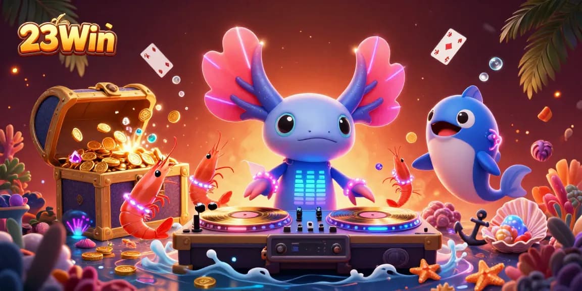 Experience the vibrant excitement of 23Win through a neon underwater casino scene with lively characters and games.