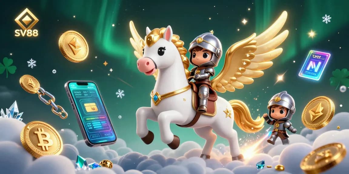 SV88 offers exciting gameplay with a celestial horse and knight amidst vibrant casino symbols.