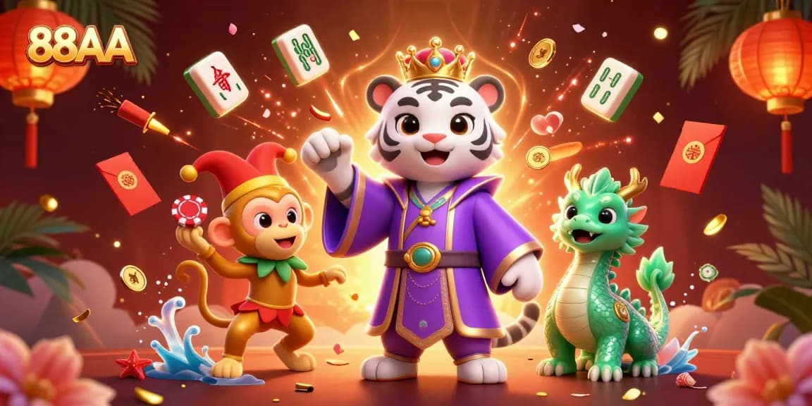 Engage with exhilarating games at 88AA, where an elegant white tiger and jester monkey showcase festive fun.