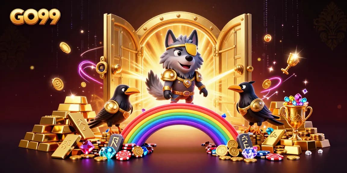 Spin the reels of GO99 with a vibrant 3D casino scene featuring Odin and casino treasures.