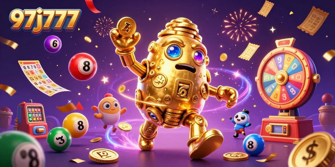 Experience the excitement at 97j777 with a vibrant casino-themed illustration showcasing dynamic lottery and gaming elements.