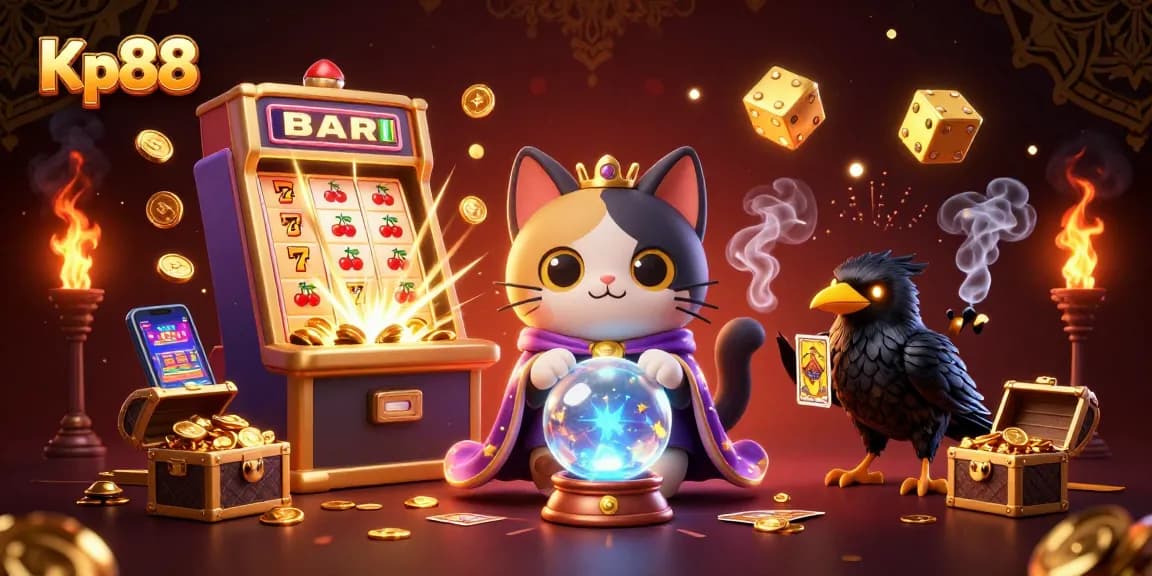 Engage the excitement of Kp88 with a vibrant casino scene featuring a mystical cat and dynamic slot elements.