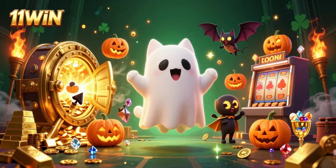 Experience thrilling gameplay at 11WIN with a lively ghost cat and bat in a haunted casino