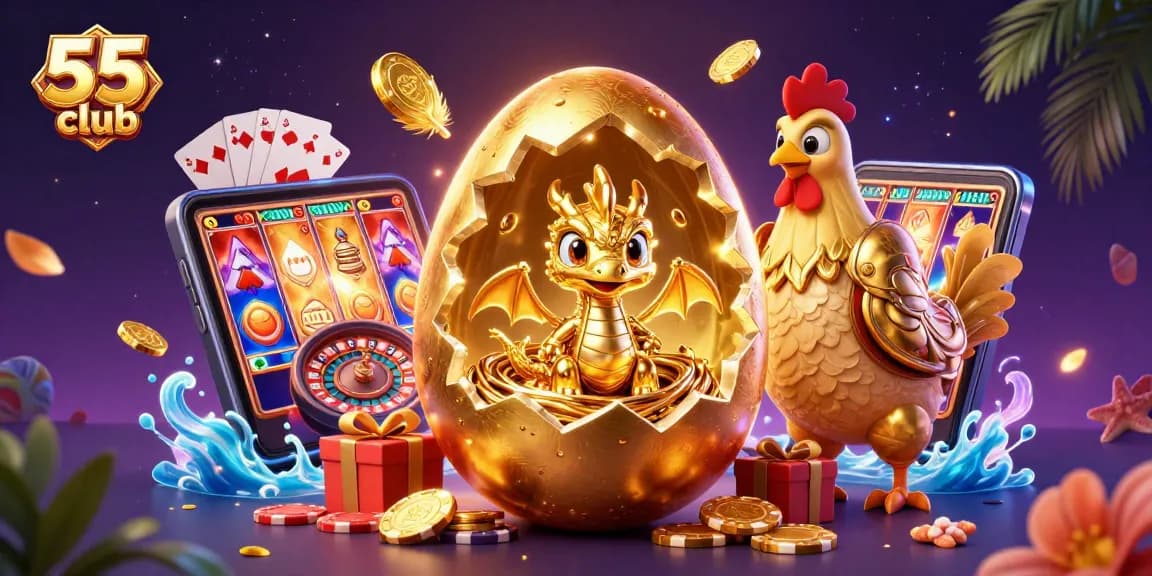Experience the excitement of 55 club with a golden dragon and casino games illuminating the scene.