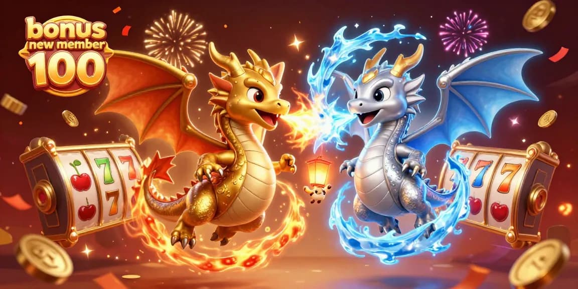 Engage with "bonus new member 100" as cartoon dragons and slot reels create a vibrant casino atmosphere.