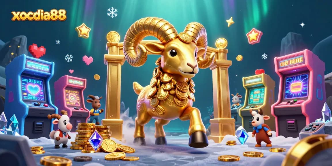 xocdia88 showcases an energetic scene with a golden ram and colorful game elements in a vibrant casino setting
