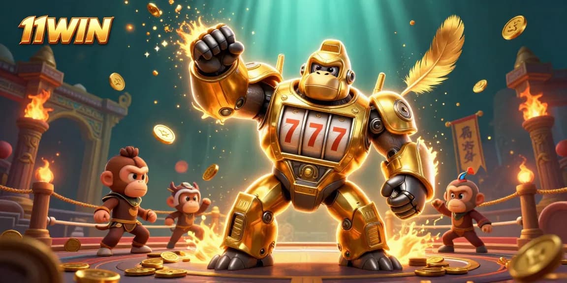 Experience thrilling wins with the 11WIN gorilla mech amidst cascading coins and cinematic action.