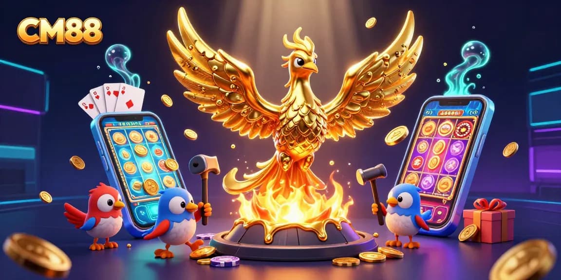 Experience the excitement of CM88 with a golden phoenix and vibrant casino elements.