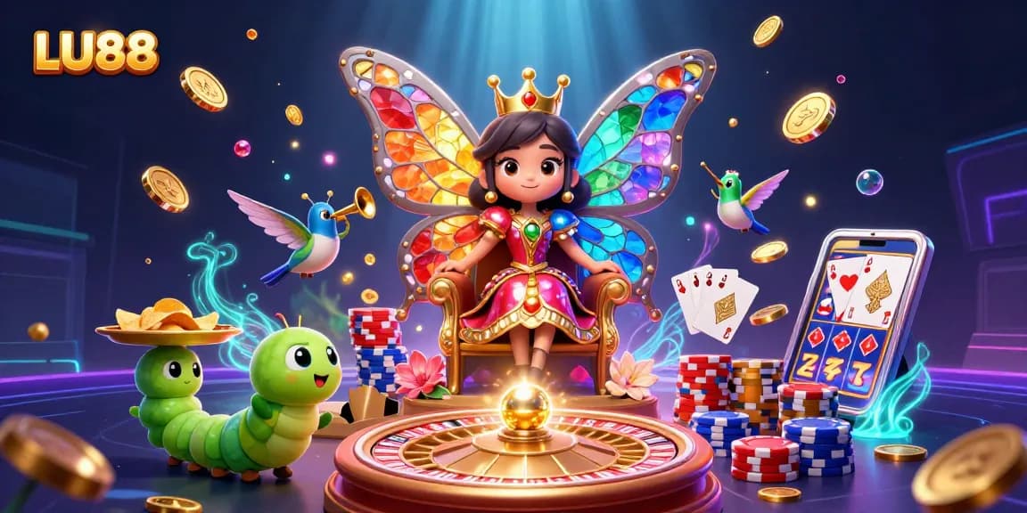Win big at LU88 with vibrant 3D illustration showcasing casino excitement and magical gaming elements.