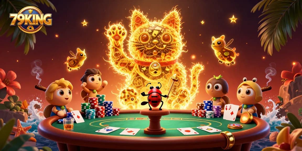 Experience the magic of 79KING as golden fireflies form a lucky cat amidst vibrant casino elements.