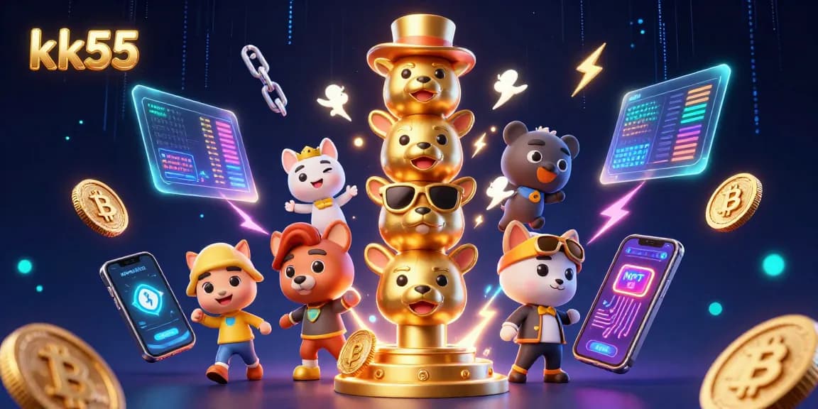 Experience thrilling gameplay at kk55 with a vibrant 3D animation showcasing casino elements and cryptocurrency.