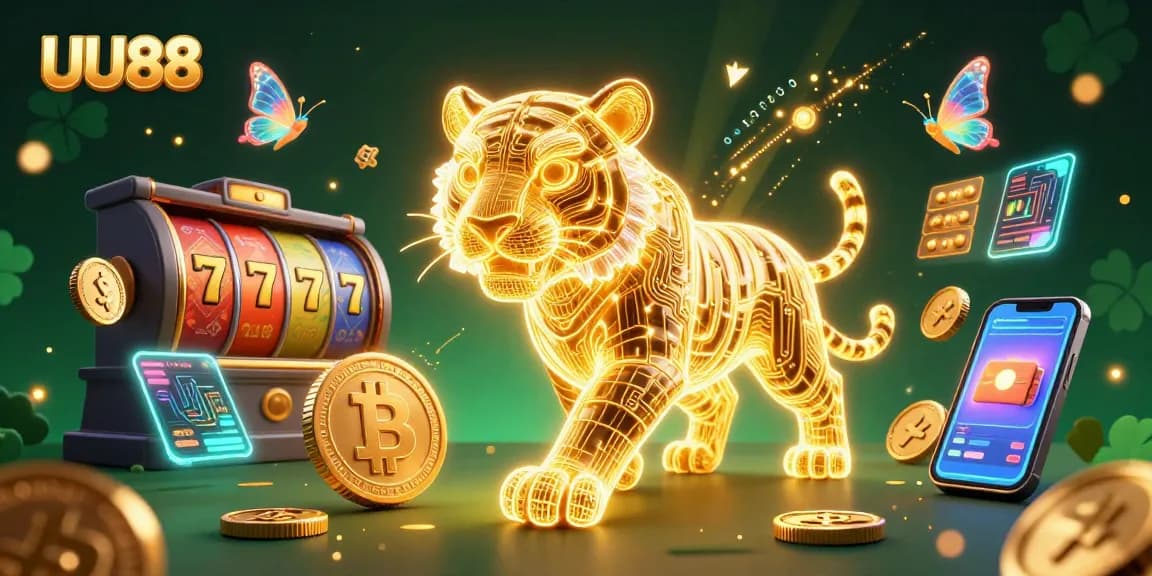 Experience the thrill at UU88 with a vibrant digital casino featuring a neon tiger, slot reels, and crypto elements.