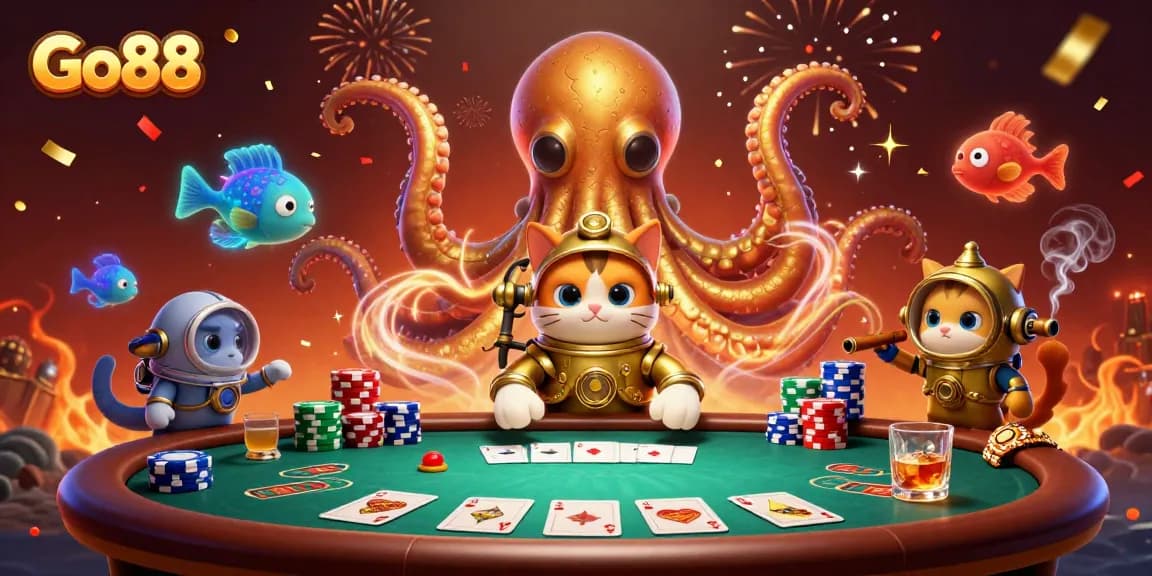 Experience thrilling poker action with Go88 as a kraken and diving cat bring the casino to life amidst festive confetti.