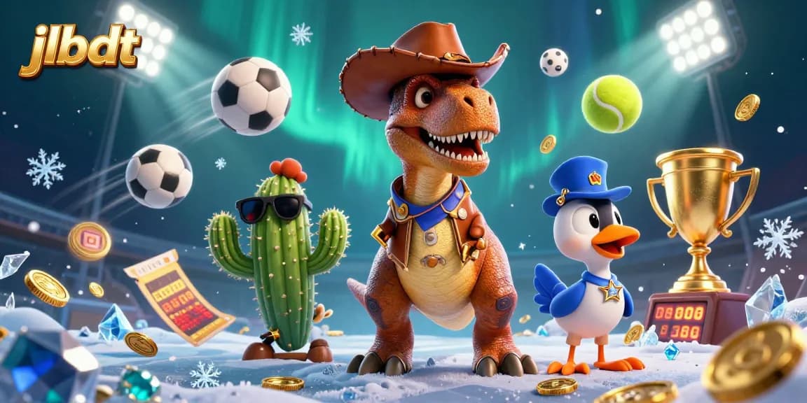 Experience thrilling betting with jlbdt as a cartoon cowboy dinosaur and companions interact in a dynamic casino scene.