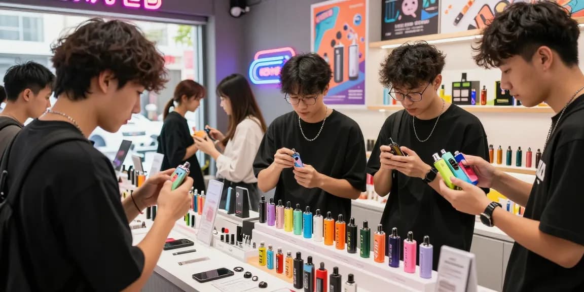 Exploring top disposable vapes in USA at a vibrant urban vape shop with popular brands.
